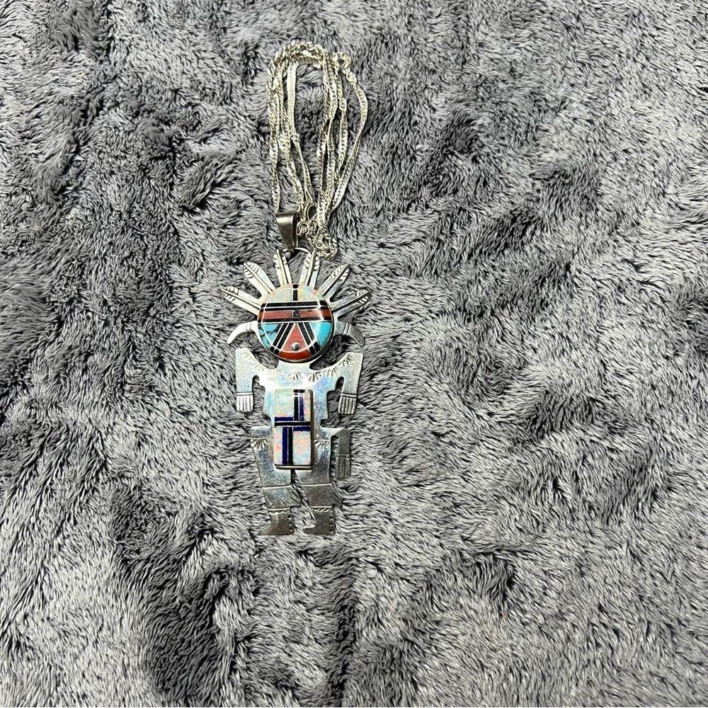 Native American Navajo Turquoise Coral Opal Sterling Silver Kachina Pendant - Picture 7 of 8